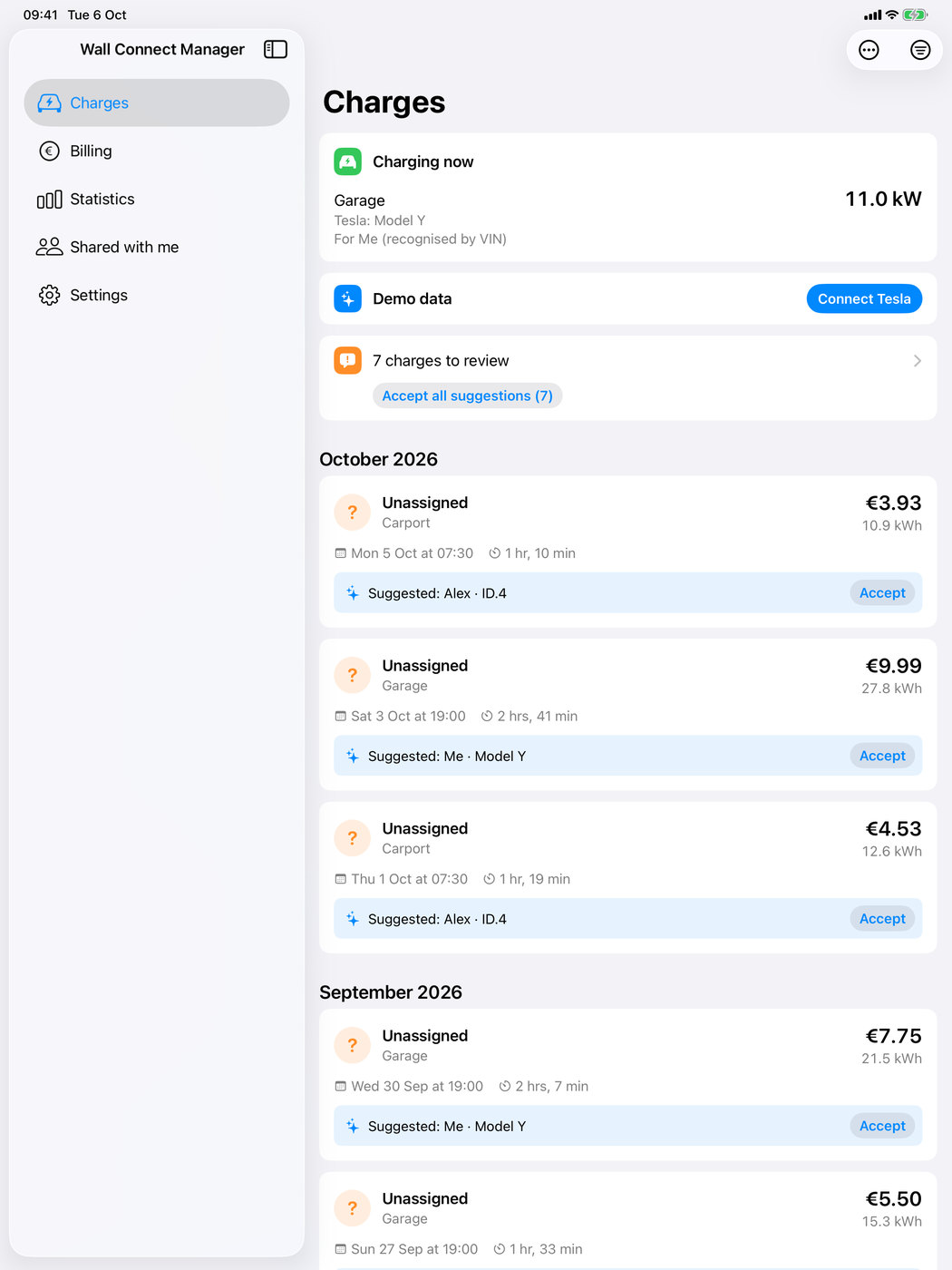 The Charges tab on iPad with the sidebar, the live card and the charges of October.