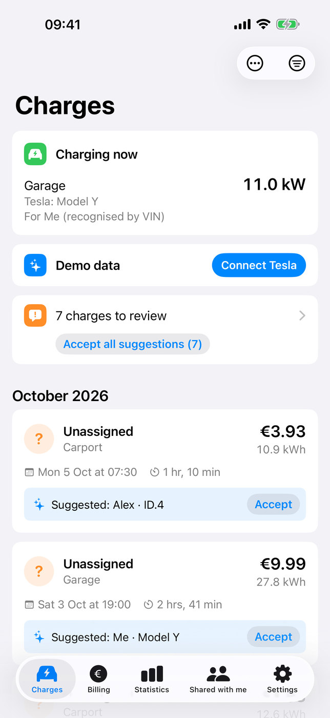 The Charges tab on iPhone: a Model Y charging now at 11.0 kW, recognised by VIN, and charges with suggestions to review.