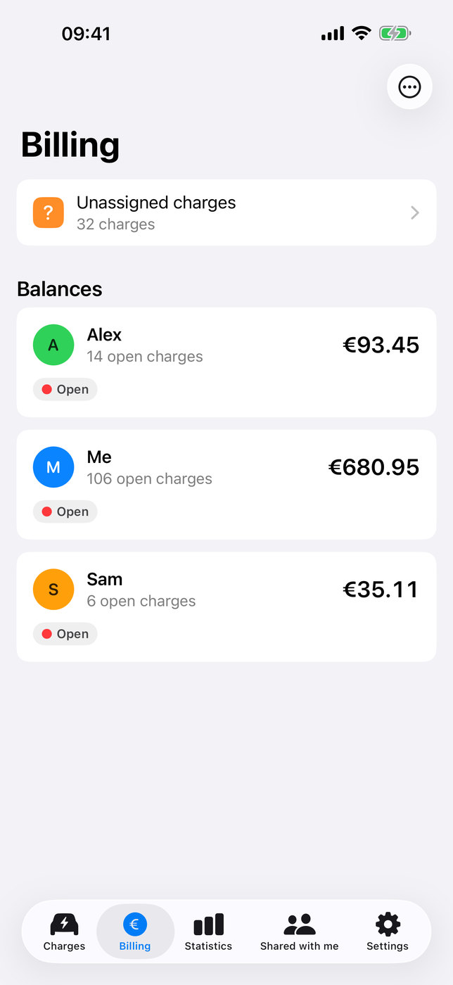 Billing: unassigned charges and the open balances of Alex, Me and Sam.