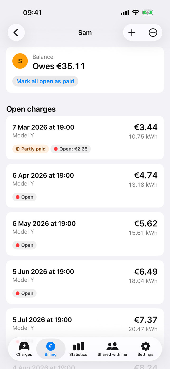 Sam owes €35.11: open and partly paid charges and the button Mark all open as paid.