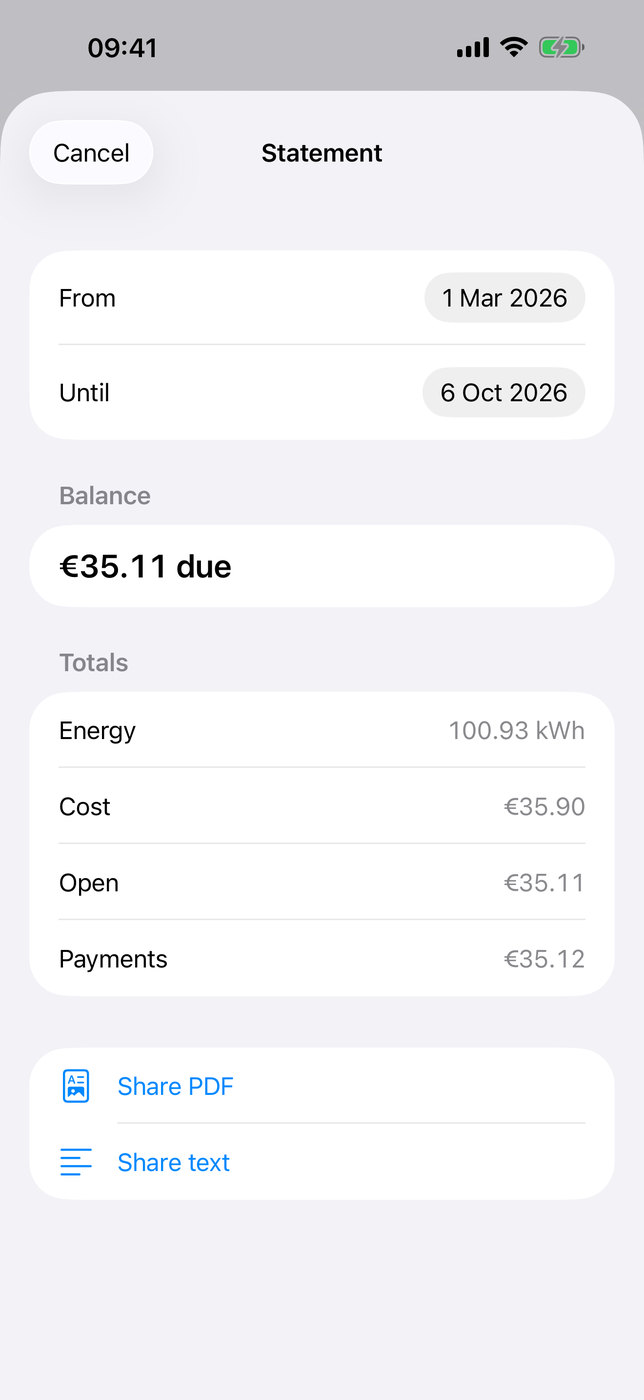 A statement for Sam: €35.11 due, with totals and the buttons Share PDF and Share text.