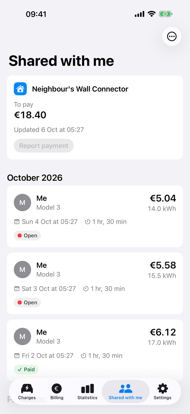 Shared with me: a neighbour's Wall Connector with €18.40 to pay and the member's own charges.
